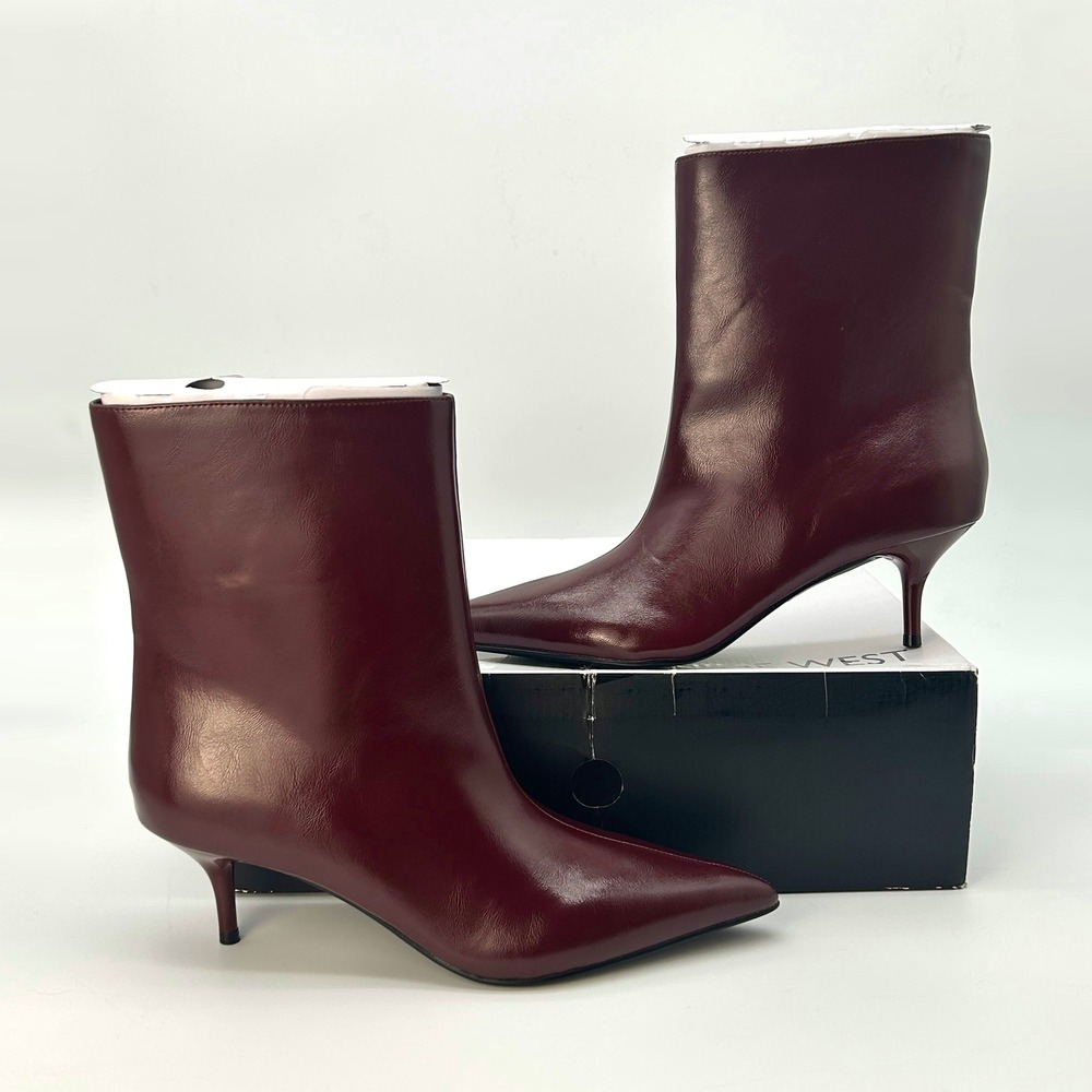 Womens Kitten Heel Ankle Boots Nine West Charma Sz 8.5 Dark Red Faux Leather NEW